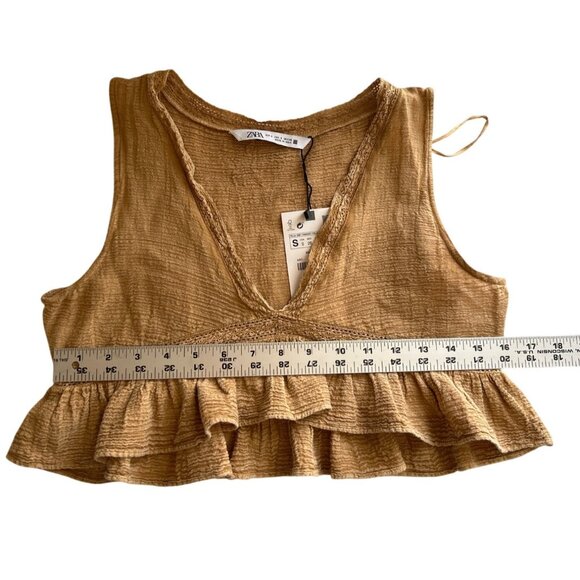 Zara Mustard Yellow Ruffled Cropped Sleeveless Top S Cotton Blend - Picture 8 of 9